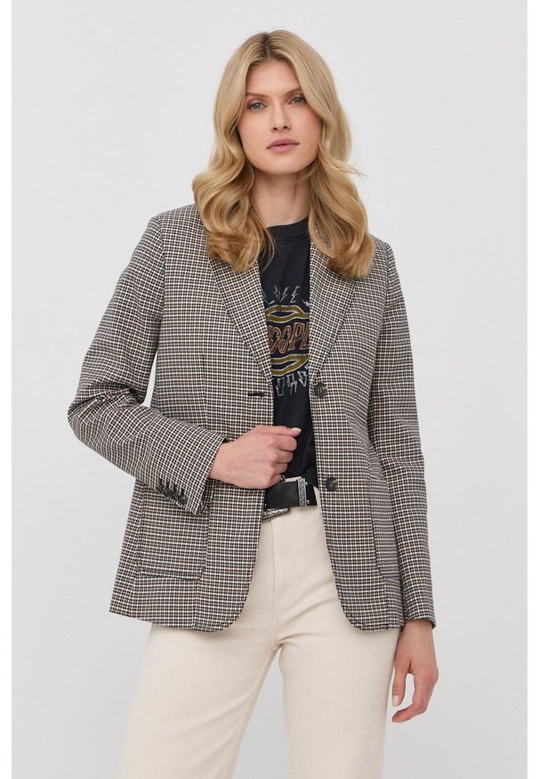 The Kooples marynarka kolor beżowy jednorzędowa wzorzysta. Kolor: beżowy. Materiał: tkanina. Styl: klasyczny