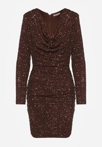 Born2be - Brązowa Dopasowana Sukienka Wieczorowa z Lejącym Dekoltem i Cekinami Siwedea. Okazja: na wesele, na ślub cywilny. Kolor: brązowy. Materiał: poliester. Długość rękawa: długi rękaw. Wzór: aplikacja. Styl: wizytowy #7