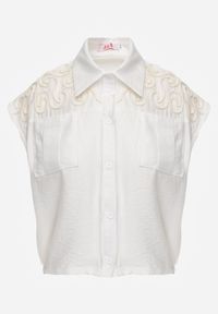 Born2be - Biała Wiskozowa Koszula Boho Bez Rękawów ze Ściągaczem w Pasie Limopise. Okazja: na co dzień. Kolor: biały. Materiał: wiskoza. Długość rękawa: bez rękawów. Wzór: aplikacja. Sezon: lato. Styl: boho #4