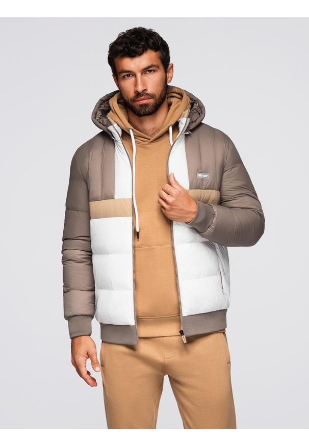 Ombre Clothing - Kolorowa sportowa męska kurtka w stylu retro – beżowo-biała V2 - Rozmiar: M. Typ kołnierza: kołnierzyk stójkowy. Kolor: biały. Materiał: syntetyk, materiał. Wzór: kolorowy. Styl: sportowy, retro