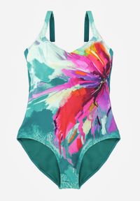 Born2be - Zielony Gładki Strój Kąpielowy Jednoczęściowy z Akwarelowym Printem Amalidoe. Kolor: zielony. Materiał: len. Wzór: nadruk, gładki #5