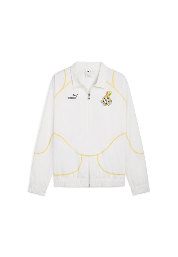 Puma - Męska kurtka dresowa Ghana ftblStatement PUMA White Pelé Yellow. Kolor: biały, wielokolorowy, żółty. Materiał: dresówka. Wzór: aplikacja. Sport: bieganie
