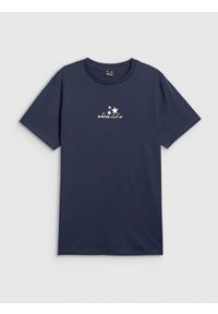 4f - 4F T-shirt oversize z nadrukiem damski - granatowy M. Okazja: na co dzień. Kolor: niebieski. Materiał: dzianina. Wzór: nadruk. Styl: casual