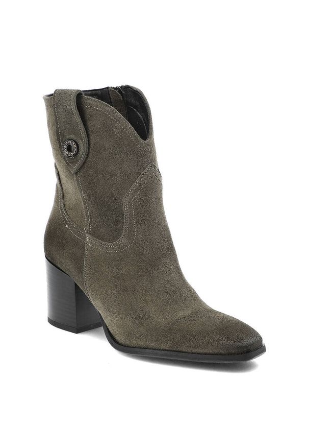 Zielone Botki Karino Modne Obuwie Jesienne. Kolor: zielony. Materiał: jeans, welur, zamsz, materiał. Sezon: jesień. Obcas: na obcasie. Styl: elegancki. Wysokość obcasa: średni