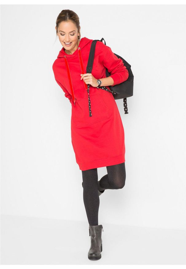 bonprix - Bawełniana sukienka dresowa. Typ kołnierza: kaptur. Kolor: czerwony. Materiał: bawełna, dresówka