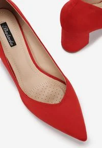 Born2be - Czerwone Czółenka Kaphallis. Nosek buta: szpiczasty. Kolor: czerwony. Szerokość cholewki: normalna. Wzór: geometria, gładki. Obcas: na stożku. Styl: klasyczny #5