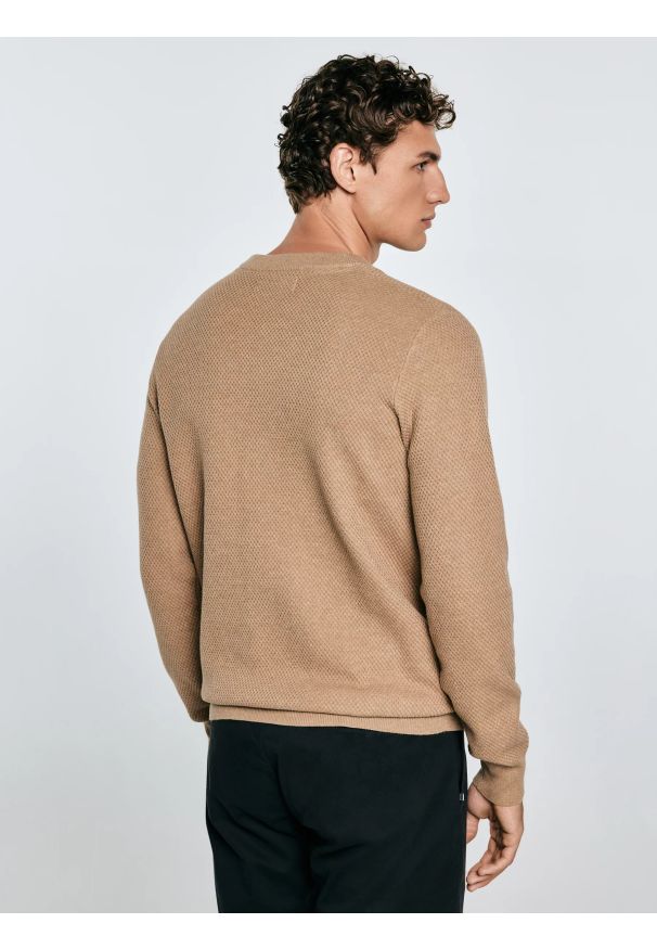 Big-Star - Sweter męski o teksturalnym splocie bawełniany brązowy Reylon 802. Okazja: na co dzień. Kolor: brązowy. Materiał: bawełna. Wzór: ze splotem. Styl: elegancki, klasyczny, casual