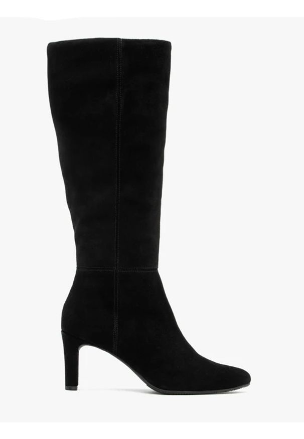 Ryłko - Czarne kozaki z szeroką cholewką. Zapięcie: zamek. Kolor: czarny. Materiał: welur, skóra. Szerokość cholewki: szeroka. Obcas: na obcasie. Styl: elegancki, street. Wysokość obcasa: średni