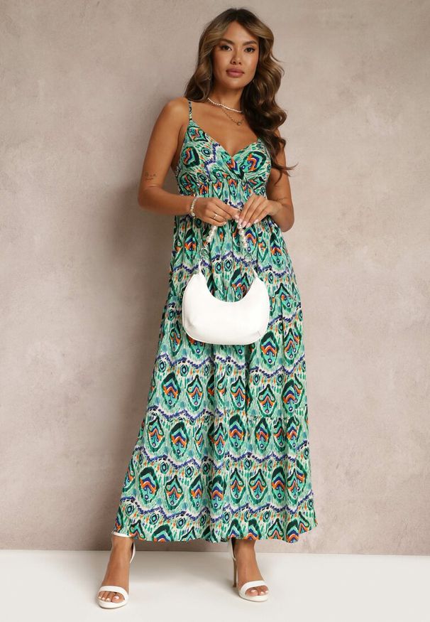 Renee - Zielona Wiskozowa Sukienka na Ramiączkach z Gumką w Pasie i Głębokim Dekoltem Konille. Okazja: na co dzień. Typ kołnierza: dekolt kopertowy. Kolor: zielony. Materiał: wiskoza. Długość rękawa: na ramiączkach. Typ sukienki: kopertowe. Styl: casual