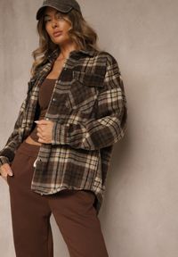 Renee - Brązowa Koszulowa Kurtka w Kratę Emitila. Okazja: na co dzień. Kolor: brązowy. Materiał: jeans. Styl: casual #1