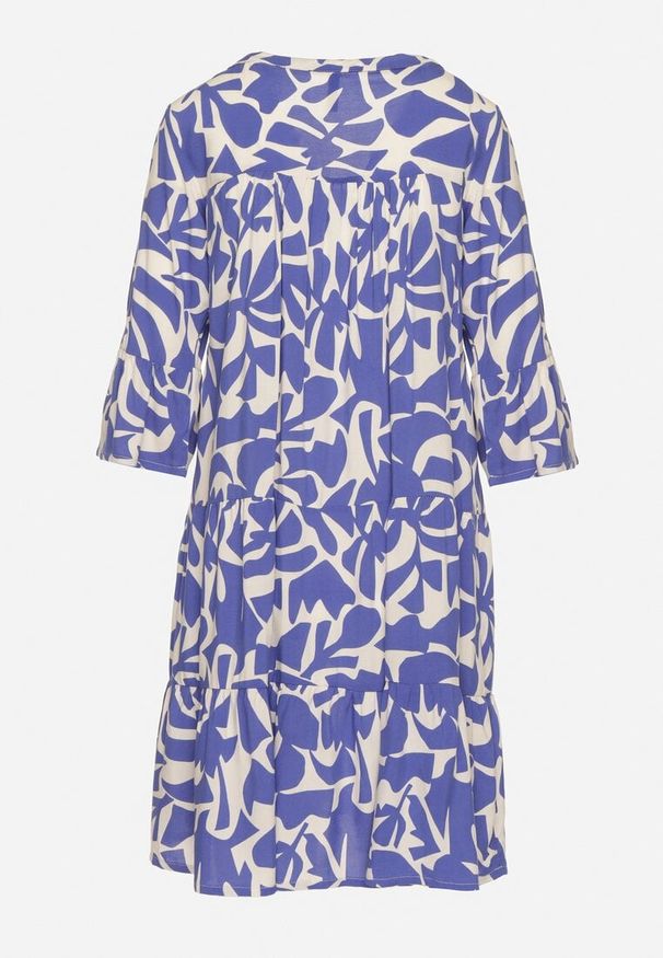 Born2be - Niebieska Wiskozowa Rozkloszowana Sukienka z Abstrakcyjnym Wzorem Liracalia. Okazja: na co dzień. Kolor: niebieski. Materiał: wiskoza. Styl: casual, elegancki