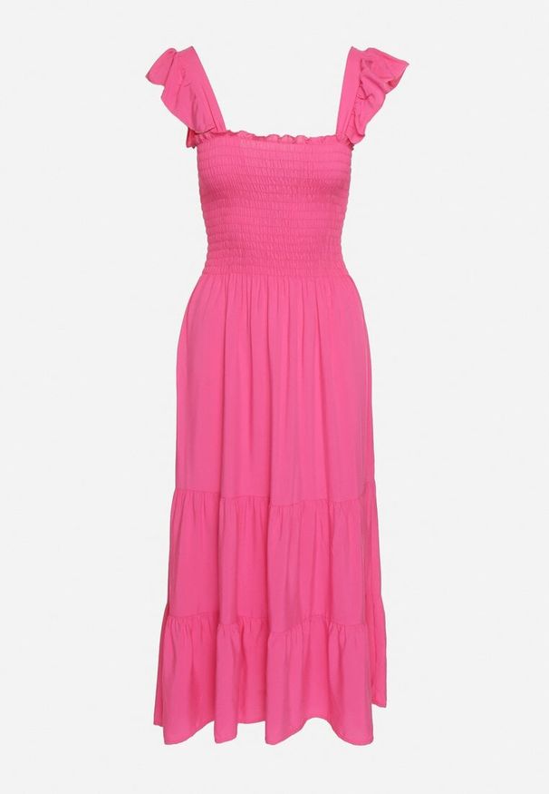 Born2be - Fuksjowa Rozkloszowana Bawełniana Sukienka na Ramiączkach z Gumkami i Falbanką Mevesta. Okazja: na spacer. Typ kołnierza: dekolt kwadratowy, kołnierz z falbankami. Kolor: różowy. Materiał: bawełna. Długość rękawa: na ramiączkach