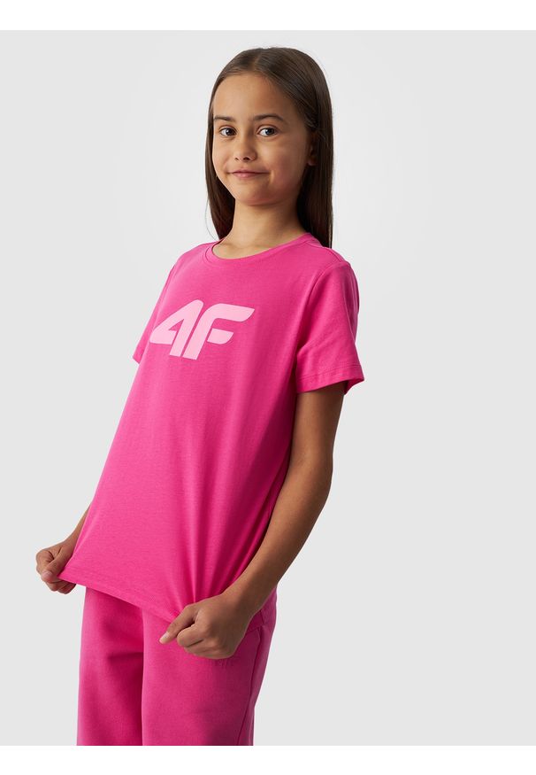 4f - 4F T-shirt z nadrukiem dziewczęcy - różowy 128 (7-8 lat). Okazja: na co dzień. Kolor: różowy. Materiał: dzianina, bawełna, jersey. Długość rękawa: krótki rękaw. Długość: krótkie. Wzór: nadruk. Sezon: lato. Styl: sportowy, casual