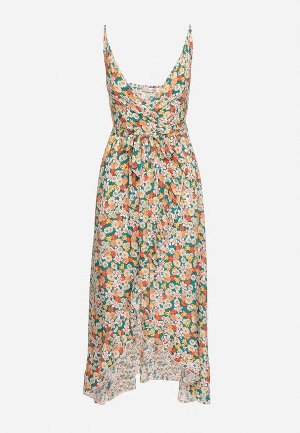 Born2be - Zielono-Pomarańczowa Bawełniana Sukienka na Ramiączkach z Kopertowym Dekoltem i Asymetrycznym Rozcięciem Xiloa. Okazja: na co dzień. Typ kołnierza: dekolt kopertowy. Kolor: zielony. Materiał: bawełna. Długość rękawa: na ramiączkach. Wzór: aplikacja. Typ sukienki: asymetryczne, kopertowe. Styl: casual