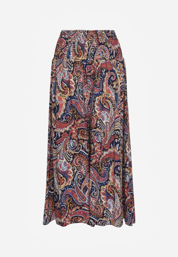 Renee - Granatowe Spodnie Culottes z Bawełnianej Tkaniny Ozdobione Wzorem Paisley Gwinamas. Okazja: do pracy. Kolor: niebieski. Materiał: bawełna, tkanina. Wzór: aplikacja, paisley. Styl: wakacyjny