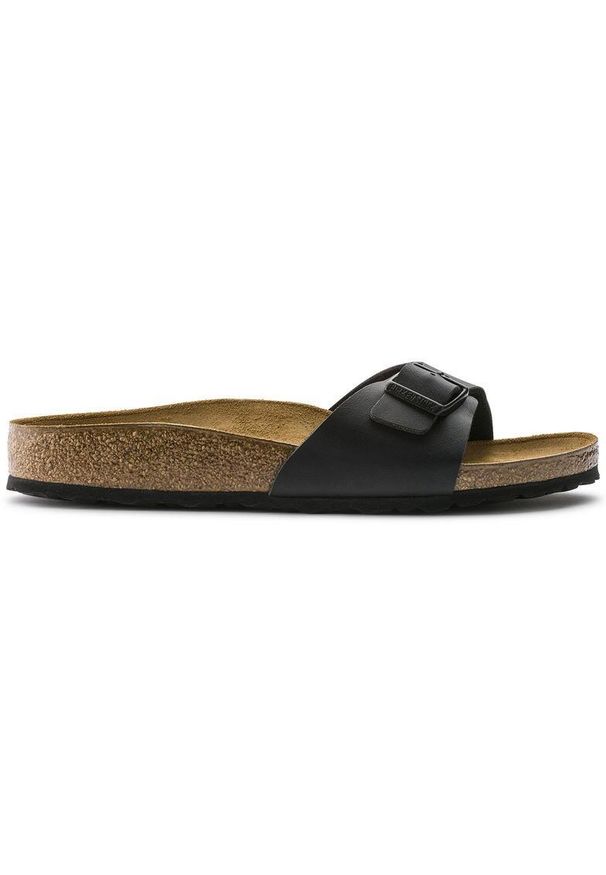 Klapki damskie Birkenstock Madrid. Zapięcie: bez zapięcia. Kolor: czarny. Materiał: materiał, skóra, syntetyk. Szerokość cholewki: normalna. Sport: turystyka piesza