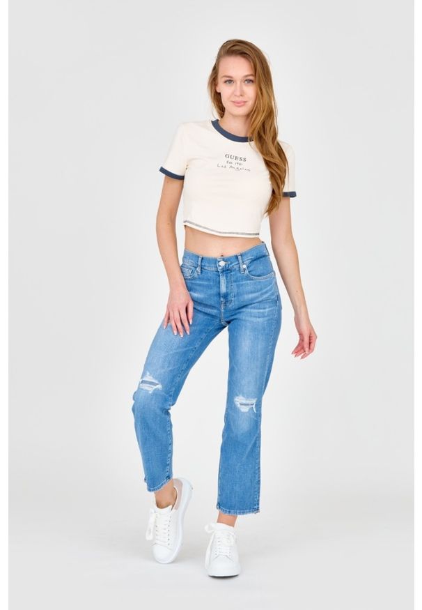 Guess - GUESS Ecru damski crop top, Rozmiar L. Kolor: biały. Materiał: bawełna. Długość: krótkie