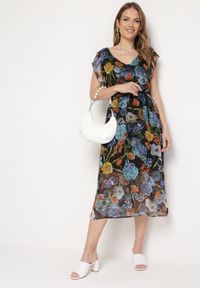 Born2be - Czarno-Niebieska Sukienka Rozkloszowana Midi w Kwiatowy Print Nelettia. Okazja: do pracy, na imprezę. Kolor: czarny. Materiał: skóra. Wzór: kwiaty, nadruk. Styl: elegancki. Długość: midi #7