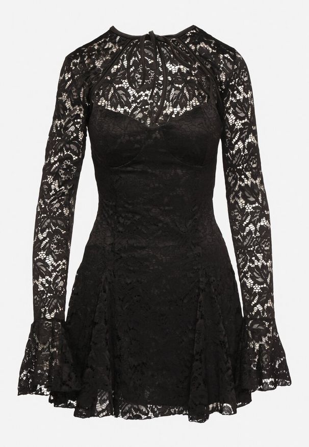 Born2be - Czarna Rozkloszowane Sukienka Koktajlowa z Koronką i Bolerkiem Eyrfedi. Okazja: na wesele, na randkę, na ślub cywilny. Kolor: czarny. Materiał: koronka. Długość rękawa: na ramiączkach. Wzór: koronka. Typ sukienki: rozkloszowane. Styl: wizytowy