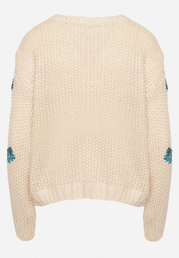 Born2be - Beżowy Sweter z Tłoczonej Dzianiny z Wiskozą Zdobiony Cekinowymi Kwiatami Edamara. Okazja: na co dzień. Kolor: beżowy. Materiał: dzianina, wiskoza. Długość rękawa: długi rękaw. Długość: długie. Wzór: aplikacja, kwiaty. Styl: klasyczny, wizytowy, casual