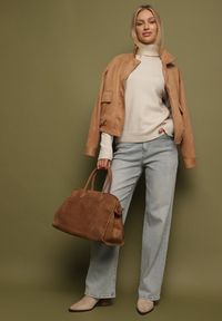 Born2be - Beżowy Klasyczny Golf z Wiskozą i Wełną Salentie. Okazja: na co dzień, do pracy. Typ kołnierza: golf. Kolor: beżowy. Materiał: wełna, wiskoza. Styl: klasyczny #5