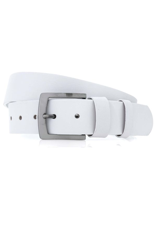 Biały pasek męski do jeansów - gładki KMG83. Kolor: biały. Materiał: jeans. Wzór: gładki. Styl: elegancki, klasyczny