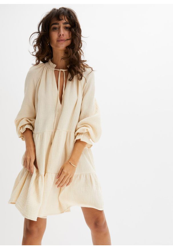 bonprix - Sukienka muślinowa. Kolor: beżowy. Długość rękawa: długi rękaw