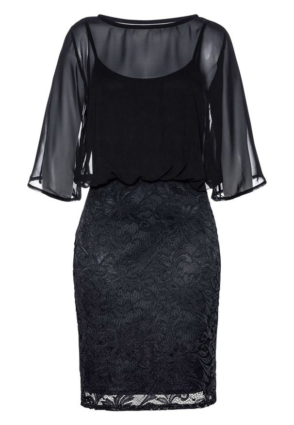 Sukienka koronkowa z szyfonem w górnej części. bonprix czarny. Kolor: czarny. Materiał: poliester, szyfon, elastan, poliamid, materiał, koronka. Styl: wizytowy