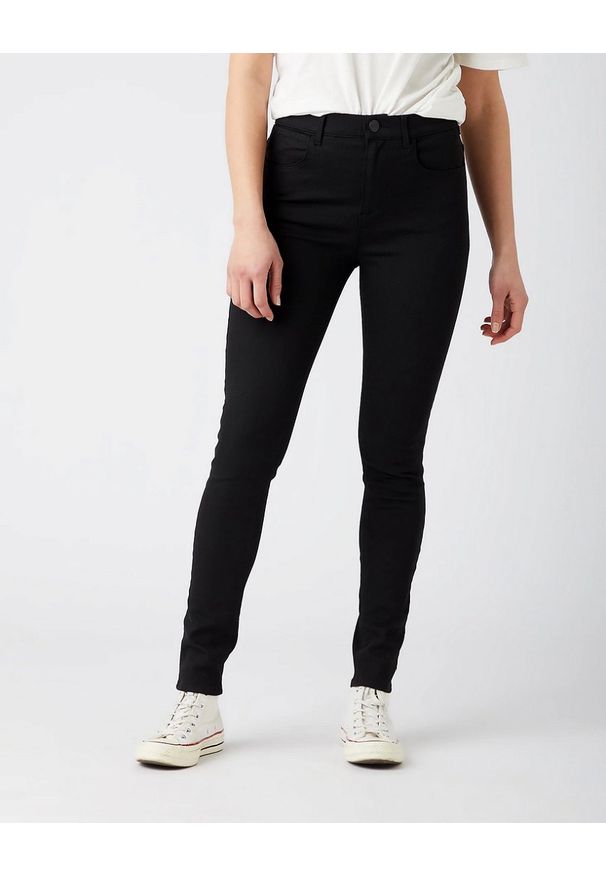 Wrangler - WRANGLER HIGH RISE SKINNY DAMSKIE SPODNIE JEANSOWE FUTURE BLACK W27H4230N 112141263. Okazja: na spotkanie biznesowe, do pracy. Stan: podwyższony. Długość: krótkie. Wzór: kolorowy, aplikacja. Styl: biznesowy, elegancki