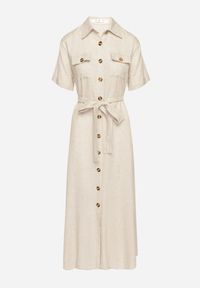 Born2be - Beżowa Sukienka Koszulowa z Materiałowym Paskiem z Lnu i Wiskozy Werilene. Okazja: na co dzień. Typ kołnierza: kołnierzyk klasyczny. Kolor: beżowy. Materiał: len, wiskoza, materiał. Sezon: lato. Typ sukienki: koszulowe. Styl: klasyczny, casual #7