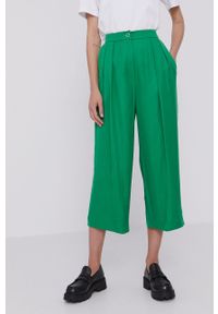 Hugo Spodnie damskie kolor zielony szerokie high waist. Stan: podwyższony. Kolor: zielony