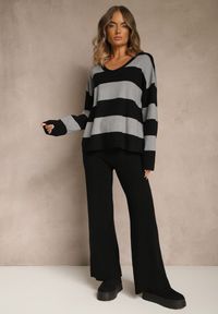 Renee - Szary Komplet z Dzianiny Spodnie Wide Leg i Sweter w Szerokie Pasy Falorella. Kolor: szary. Materiał: dzianina