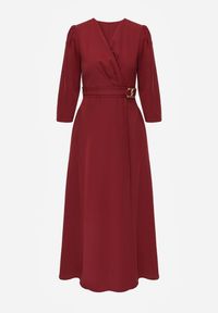 Renee - Bordowa Elegancka Sukienka o Kopertowym Kroju Zdobiona Aplikacją w Talii Zilendra. Kolor: czerwony. Wzór: aplikacja. Typ sukienki: kopertowe. Styl: elegancki #4