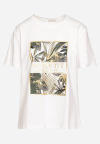 Born2be - Biały Bawełniany T-shirt z Roślinnym Nadrukiem Relifea. Kolor: biały. Materiał: bawełna. Wzór: nadruk. Styl: klasyczny #5
