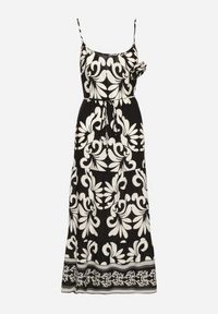 Born2be - Czarno-Biała Wiskozowa Sukienka na Ramiączkach z Wiązaniem i Broszką Marizena. Okazja: na co dzień, na spacer. Typ kołnierza: dekolt kwadratowy. Kolor: czarny. Materiał: wiskoza. Długość rękawa: na ramiączkach. Styl: casual, elegancki #4