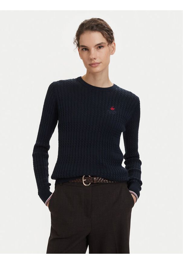 Beverly Hills Polo Club Sweter P-SS26W-M537390 Granatowy Regular Fit. Typ kołnierza: polo. Kolor: niebieski. Materiał: bawełna