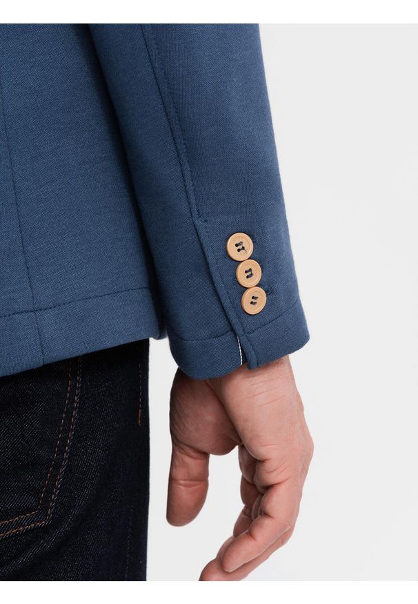 Ombre Clothing - Marynarka męska SLIM z dzianiny o subtelnej strukturze – ciemnoniebieska V6 - Rozmiar: M. Okazja: do pracy. Kolor: niebieski. Materiał: dzianina. Wzór: kolorowy. Styl: klasyczny