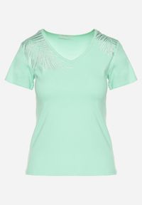Born2be - Jasnozielony Bawełniany T-shirt z Dekoltem w Serek z Cyrkoniową Aplikacją Nirivale. Okazja: na co dzień. Typ kołnierza: dekolt w serek. Kolor: zielony. Materiał: bawełna. Wzór: aplikacja. Styl: casual, elegancki #6