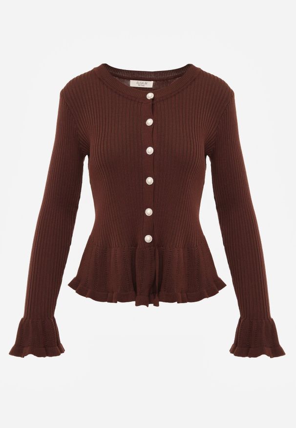 Born2be - Brązowy Elegancki Kardigan z Wiskozy z Falbankami i Guzikami z Cyrkoniami Orsea. Okazja: na co dzień. Typ kołnierza: kołnierz z falbankami. Kolor: brązowy. Materiał: wiskoza. Wzór: aplikacja. Styl: elegancki