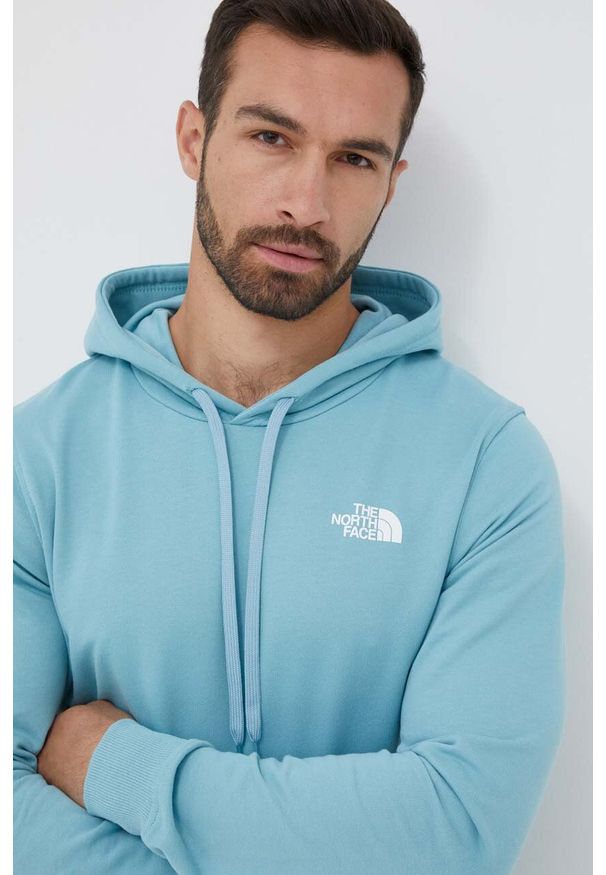 The North Face bluza bawełniana męska kolor turkusowy z kapturem z nadrukiem. Okazja: na co dzień. Typ kołnierza: kaptur. Kolor: turkusowy. Materiał: bawełna. Wzór: nadruk. Styl: casual