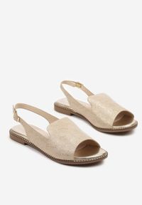 Renee - Złoto-Beżowe Sandały Slingback ze Skórzaną Wkładką i Noskiem Peep Toe Kirassa. Nosek buta: otwarty. Zapięcie: sprzączka. Kolor: złoty. Materiał: skóra. Obcas: na płaskiej podeszwie. Styl: klasyczny #4