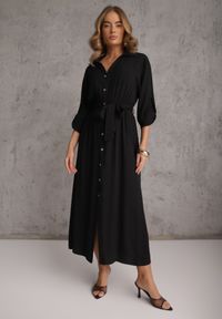 Renee - Czarna Koszulowa Sukienka Utility z Bawełny z Wiązanym Paskiem w Talii Retona. Okazja: na co dzień. Kolor: czarny. Materiał: bawełna. Sezon: lato. Typ sukienki: koszulowe. Styl: boho, glamour, casual #4