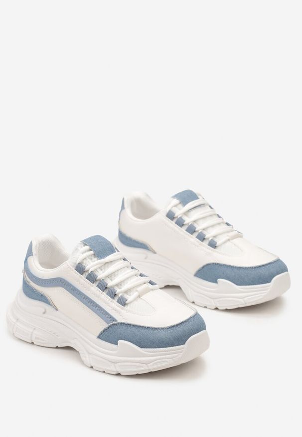 Renee - Biało-Niebieskie Casualowe Sneakersy z Ekoskóry z Ozdobnymi Wstawkami i Sznurowaniem Melindia. Okazja: na co dzień. Kolor: biały