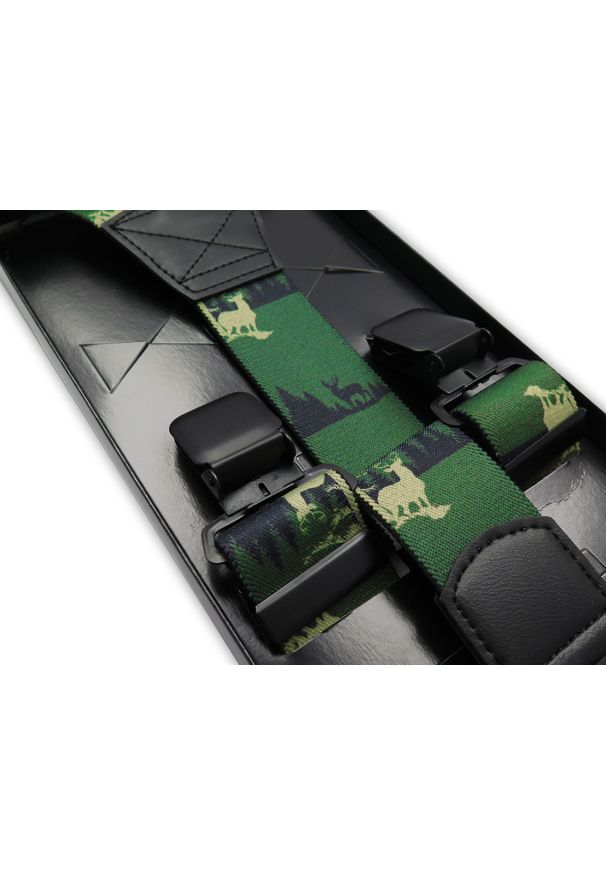 Modini - Zielone szelki męskie w jelenie SZ156. Kolor: zielony. Materiał: skóra, guma