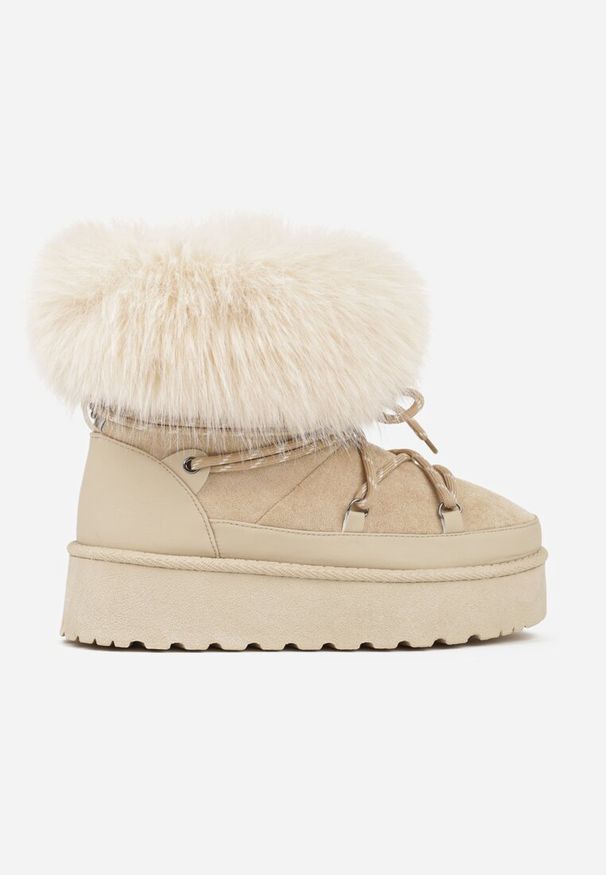 Born2be - Beżowe Śniegowce na Grubej Podeszwie z Futerkiem Tesila. Okazja: na co dzień. Kolor: beżowy. Materiał: futro. Styl: casual