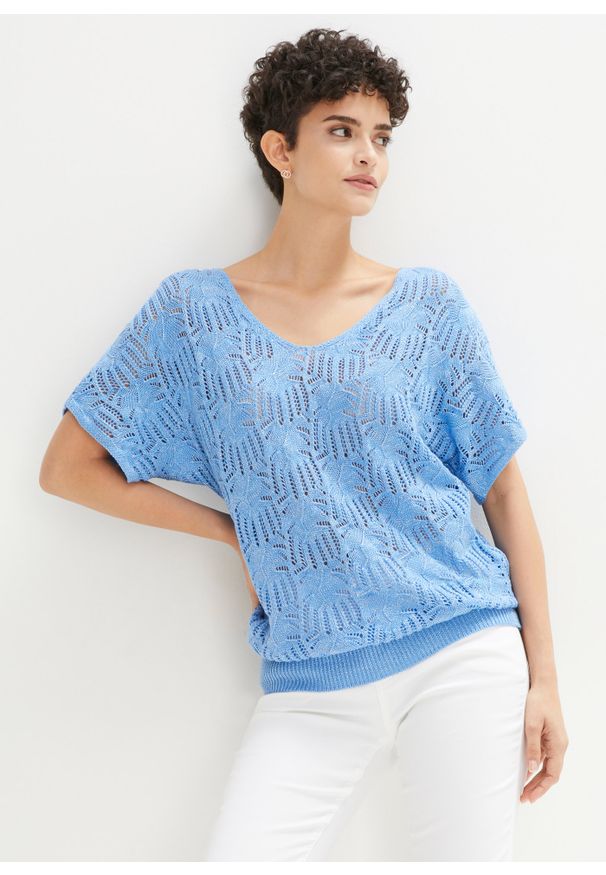 bonprix - Sweter ażurowy. Kolor: niebieski. Wzór: ażurowy