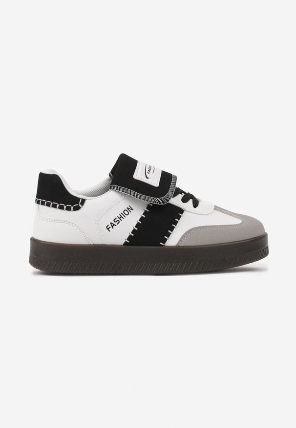 Born2be - Biało-Czarne Sneakersy na Grubej Podeszwie z Kontrastującymi Wstawkami i Wywiniętym Językiem Mirinae. Nosek buta: okrągły. Zapięcie: sznurówki. Kolor: biały. Materiał: materiał. Obcas: na obcasie. Wysokość obcasa: niski