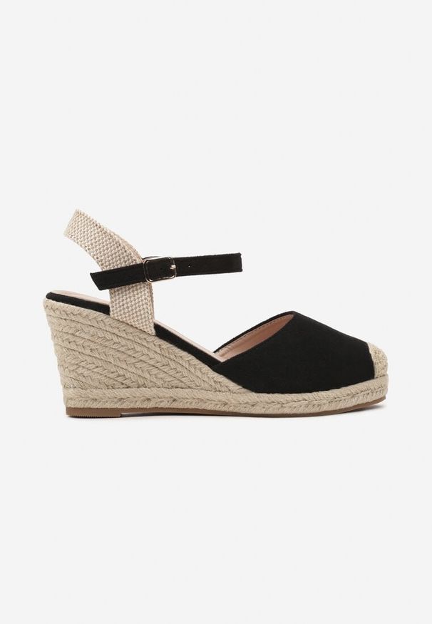 Renee - Czarne Sandały na Koturnie w Stylu Espadryli Ozdobione Plecionką Iladira. Okazja: na co dzień, na imprezę. Zapięcie: sprzączka. Kolor: czarny. Wzór: aplikacja. Sezon: lato. Obcas: na koturnie. Styl: elegancki, casual