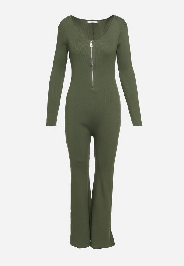 Born2be - Zielony Wiskozowy Kombinezon Bodycon z Prążkowaniem i Suwakiem Alnorema. Kolor: zielony. Materiał: prążkowany, wiskoza. Styl: elegancki