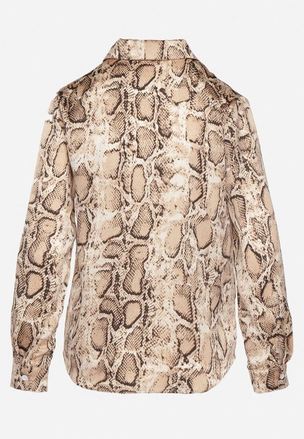 Born2be - Brązowa Satynowa Koszula Vices w Wężowy Wzór Reslida. Okazja: na co dzień, na spotkanie biznesowe, do pracy. Typ kołnierza: kołnierzyk klasyczny. Kolor: brązowy. Materiał: satyna. Długość rękawa: długi rękaw. Długość: długie. Styl: casual, biznesowy, klasyczny